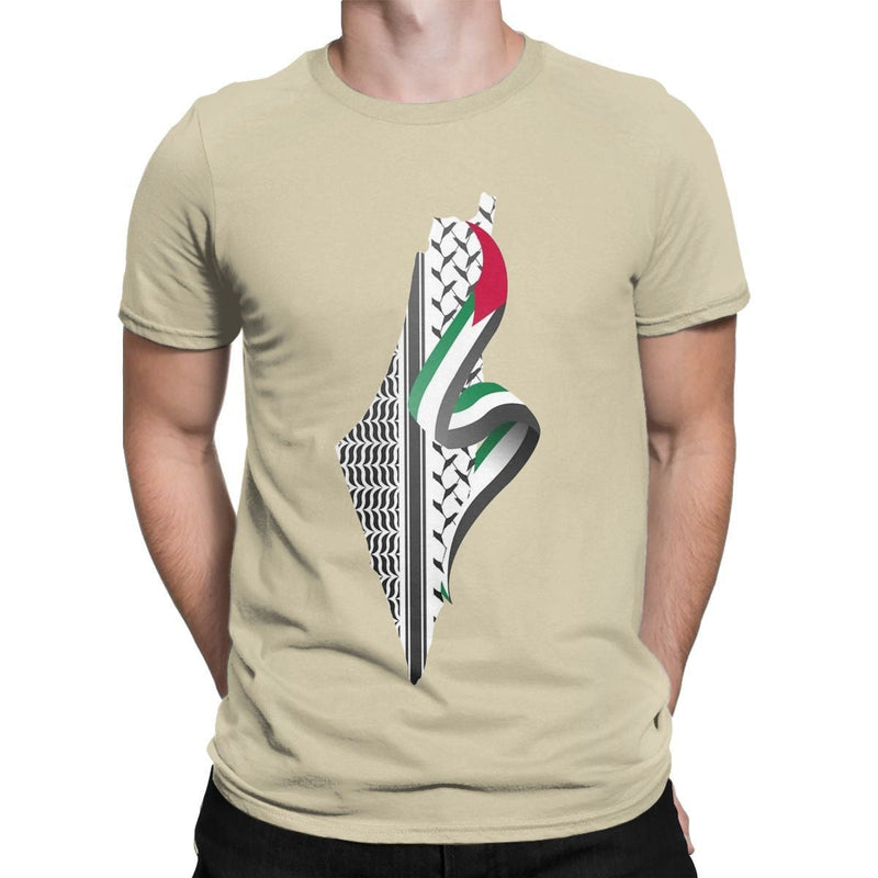 Palestine Map T-Shirt Men Round Neck Cotton Short Sleeve T-Shirt