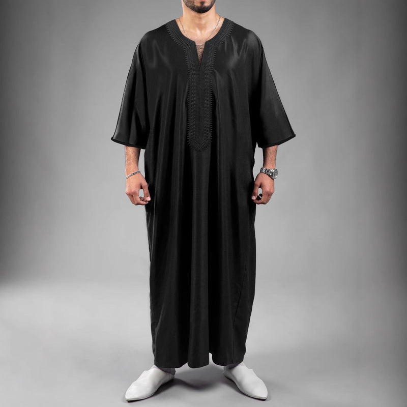 Solid Color Embroidered Moroccan Men's Robe