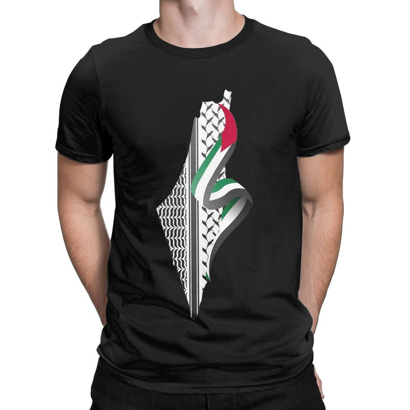 Palestine Map T-Shirt Men Round Neck Cotton Short Sleeve T-Shirt