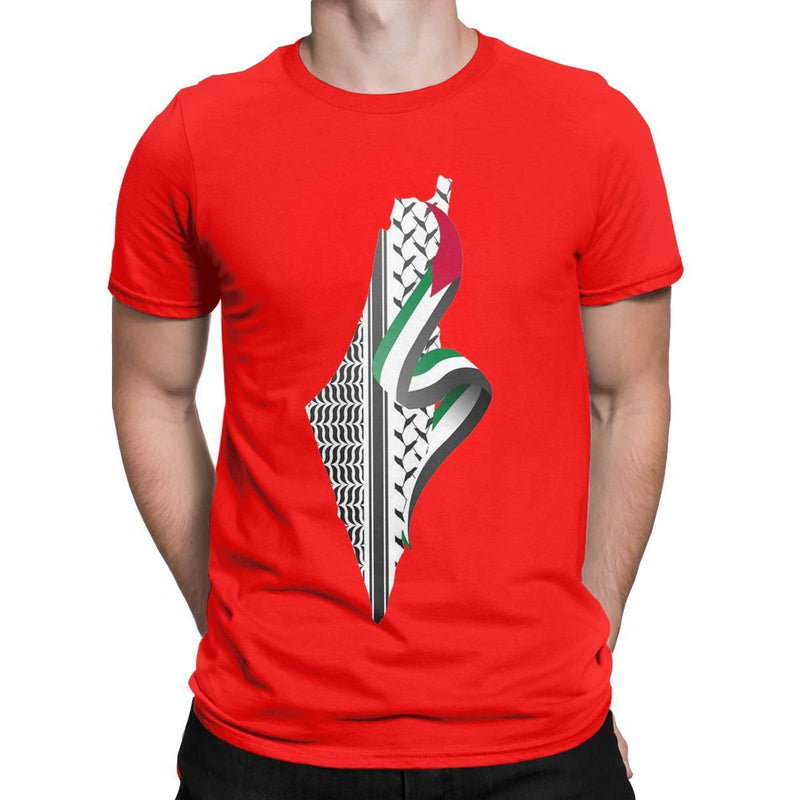 Palestine Map T-Shirt Men Round Neck Cotton Short Sleeve T-Shirt