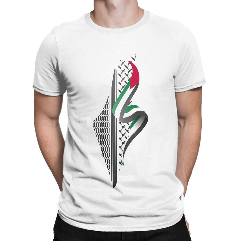 Palestine Map T-Shirt Men Round Neck Cotton Short Sleeve T-Shirt