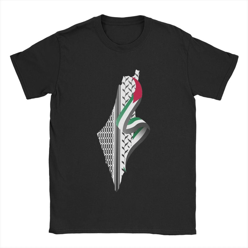 Palestine Map T-Shirt Men Round Neck Cotton Short Sleeve T-Shirt