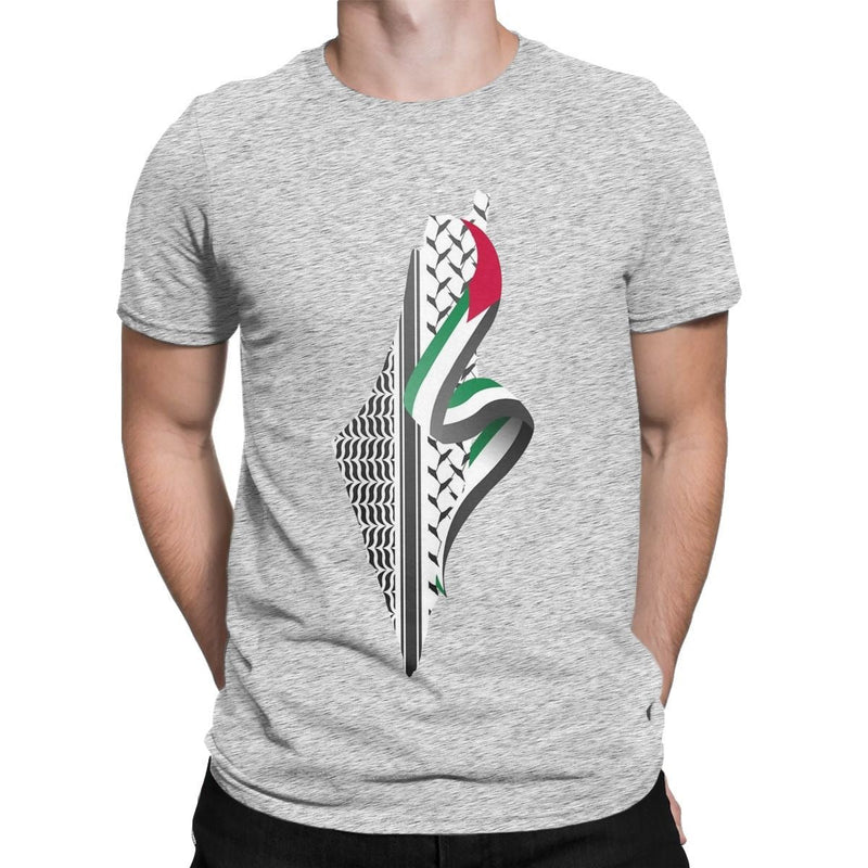 Palestine Map T-Shirt Men Round Neck Cotton Short Sleeve T-Shirt