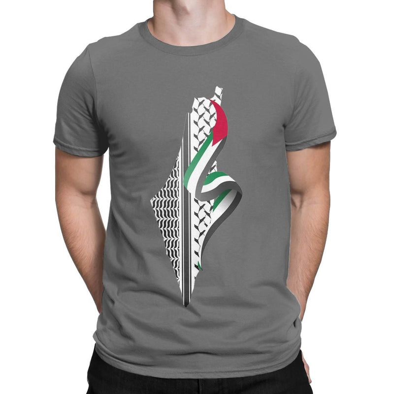 Palestine Map T-Shirt Men Round Neck Cotton Short Sleeve T-Shirt